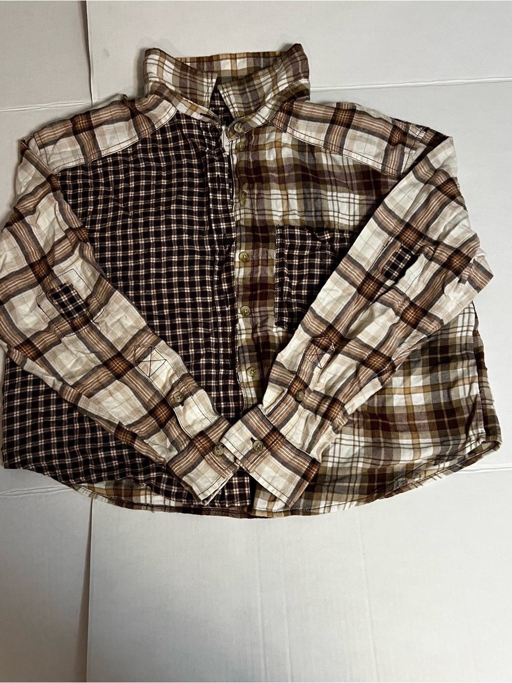 American Eagle Outfitters Brown and Cream Plaid Patchwork Button-Down Shirt